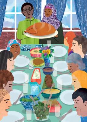 Evocative illustration of diverse group around Thanksgiving table
