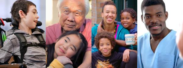 A collage showing a young boy in a gray hoodie using a power chair, an older Asian man in a pink polo shirt hugging his granddaughter, a young Black man smiling in blue scrubs, and a Black woman holding a mug surrounded by her two children sitting on steps.