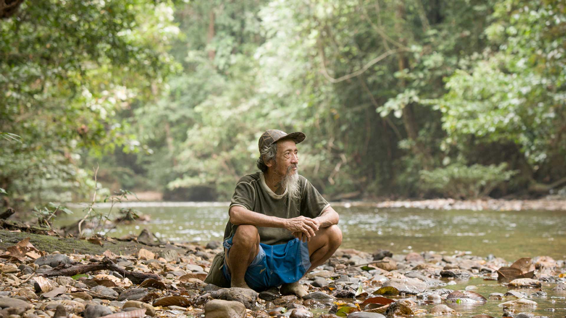 A man with a long, white beard sits near a river, gazing across it.