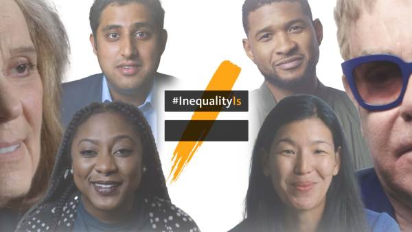 Graphic of #InequalityIs with stills of Gloria Steinem, Alicia Garza, Rajiv, Joshi, Ai-jen Poo, Usher, and Elton John.