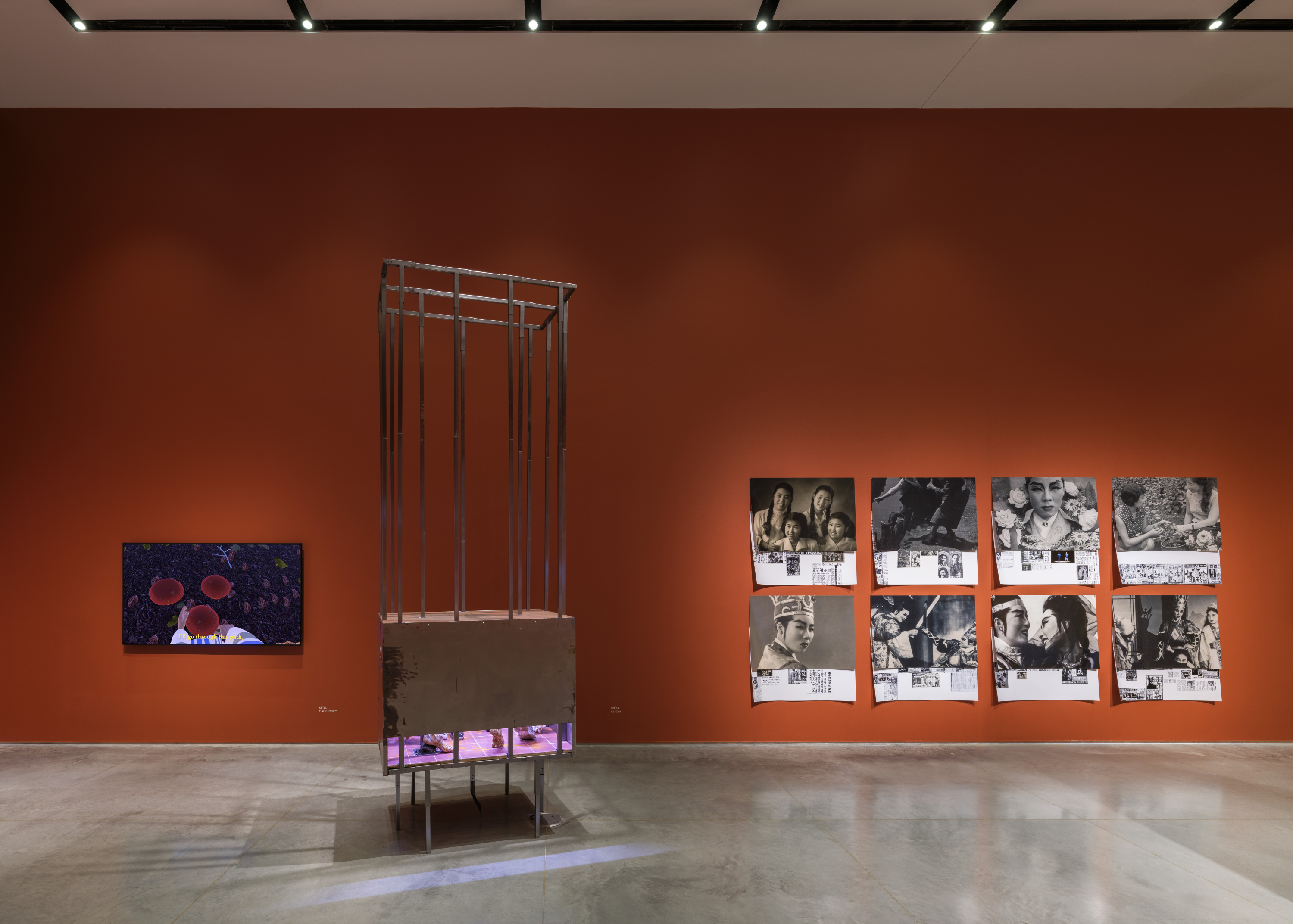 A terracotta-red wall connecting to a gray floor. There are several artworks displayed - from left to right - a tv monitor with a video animation, a ceiling-height cage sculptural installation, and a 2-row and 4-column photo collage featuring historical photographs of East Asian stage performers.