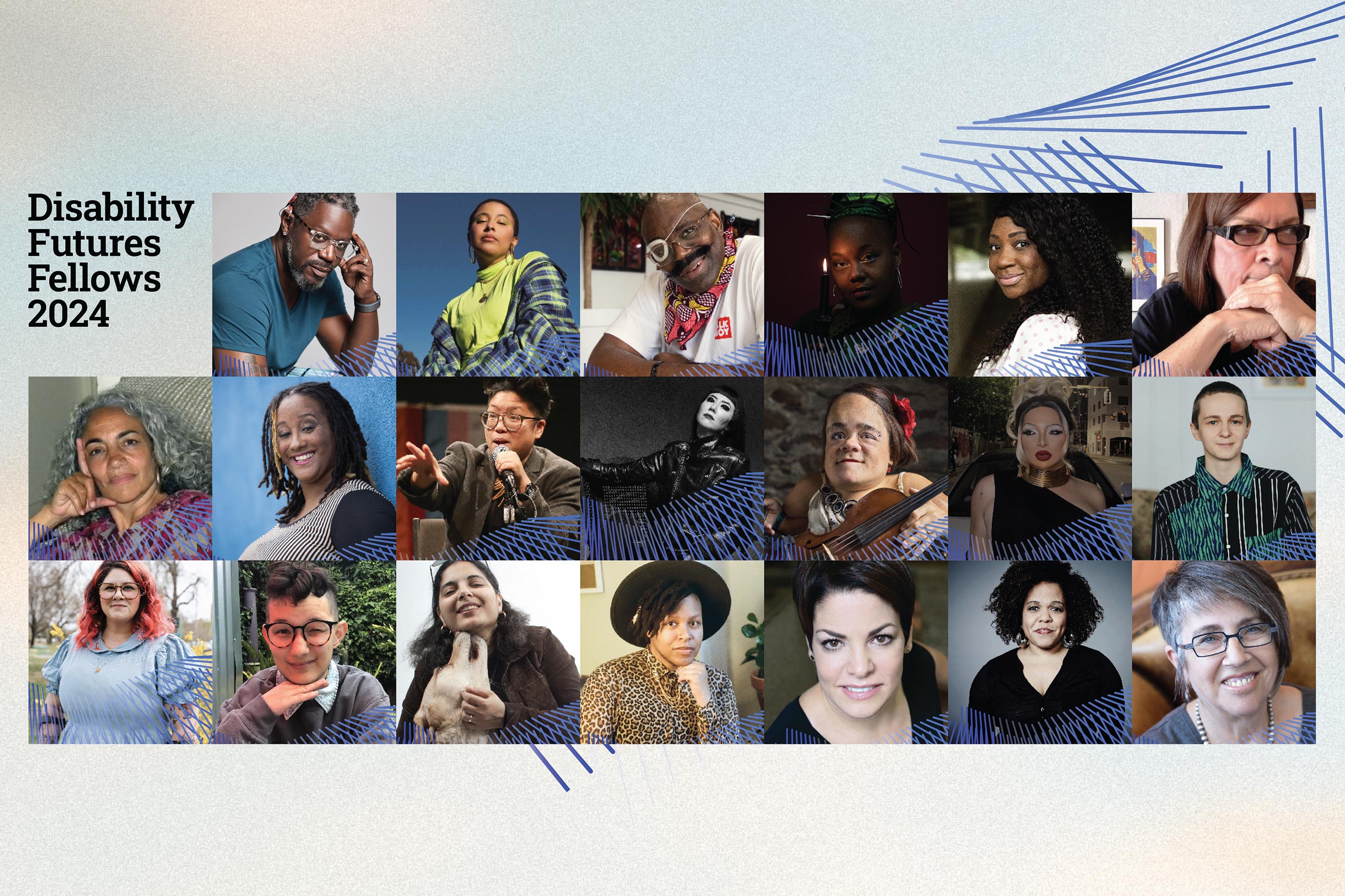 A grid of 20 diverse individuals representing the Disability Futures Fellows 2024. Featuring people with different appearances, attire, and expressions, the image also has text on the left side reading "Disability Futures Fellows 2024" with a blue-and-white abstract background.
