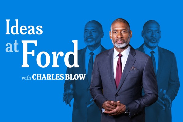 Portrait of Charles Blow with the text "Ideas at Ford with Charles Blow" next to it