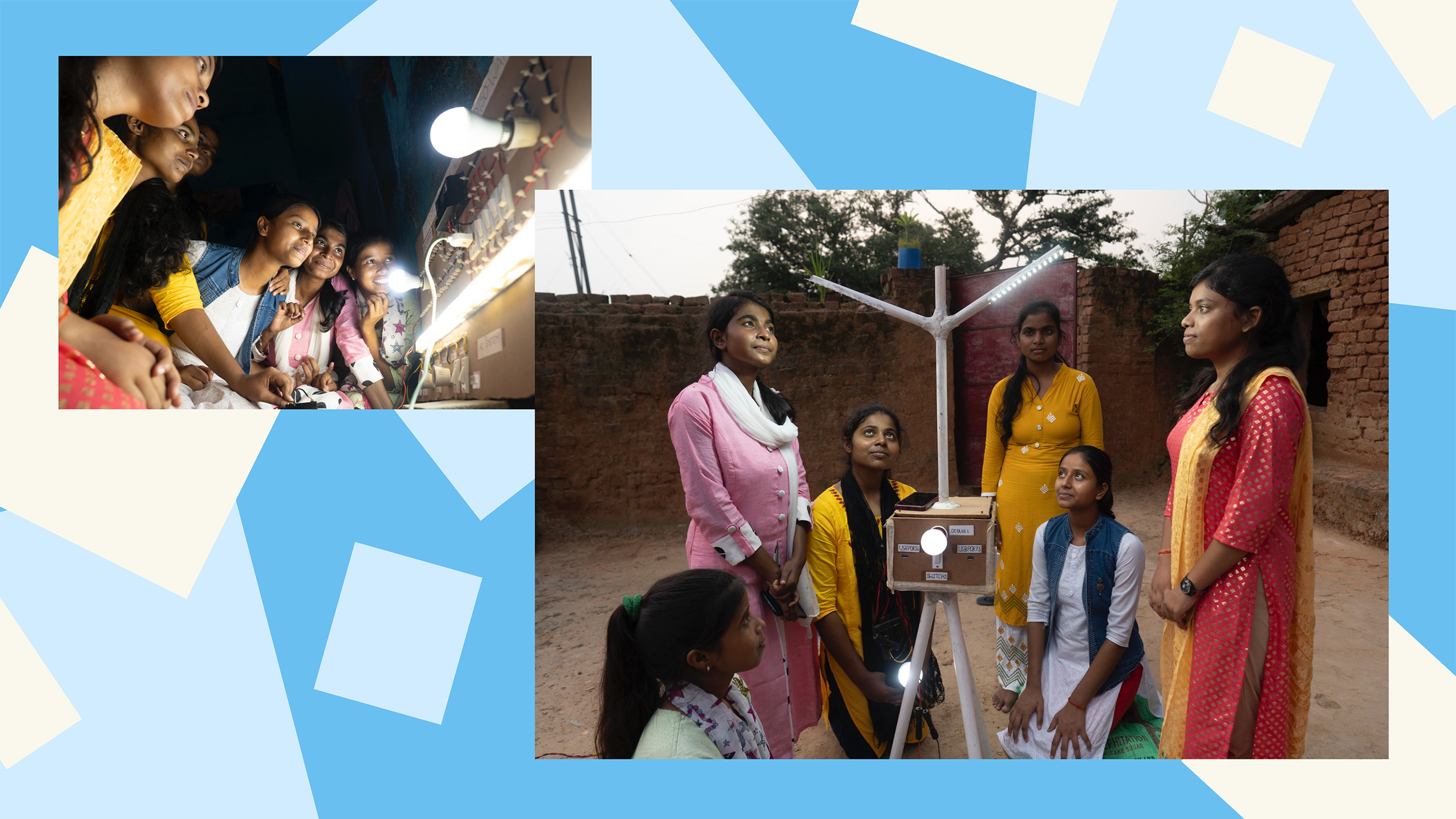 A collage of the Kumari girls over an abstract blue and sand grain-colored background. They are observing a solar-powered mobile phone charger that they invented.