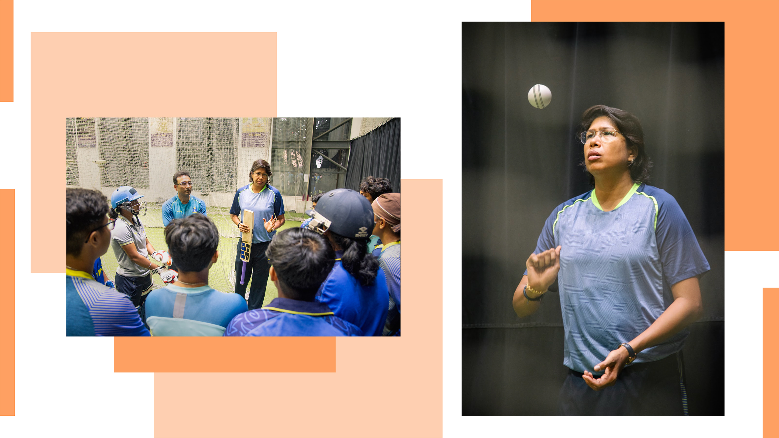 A collage of images of Jhulan Goswani, a retired cricket player, over an abstract orange and white background. She is mentoring a group of people.