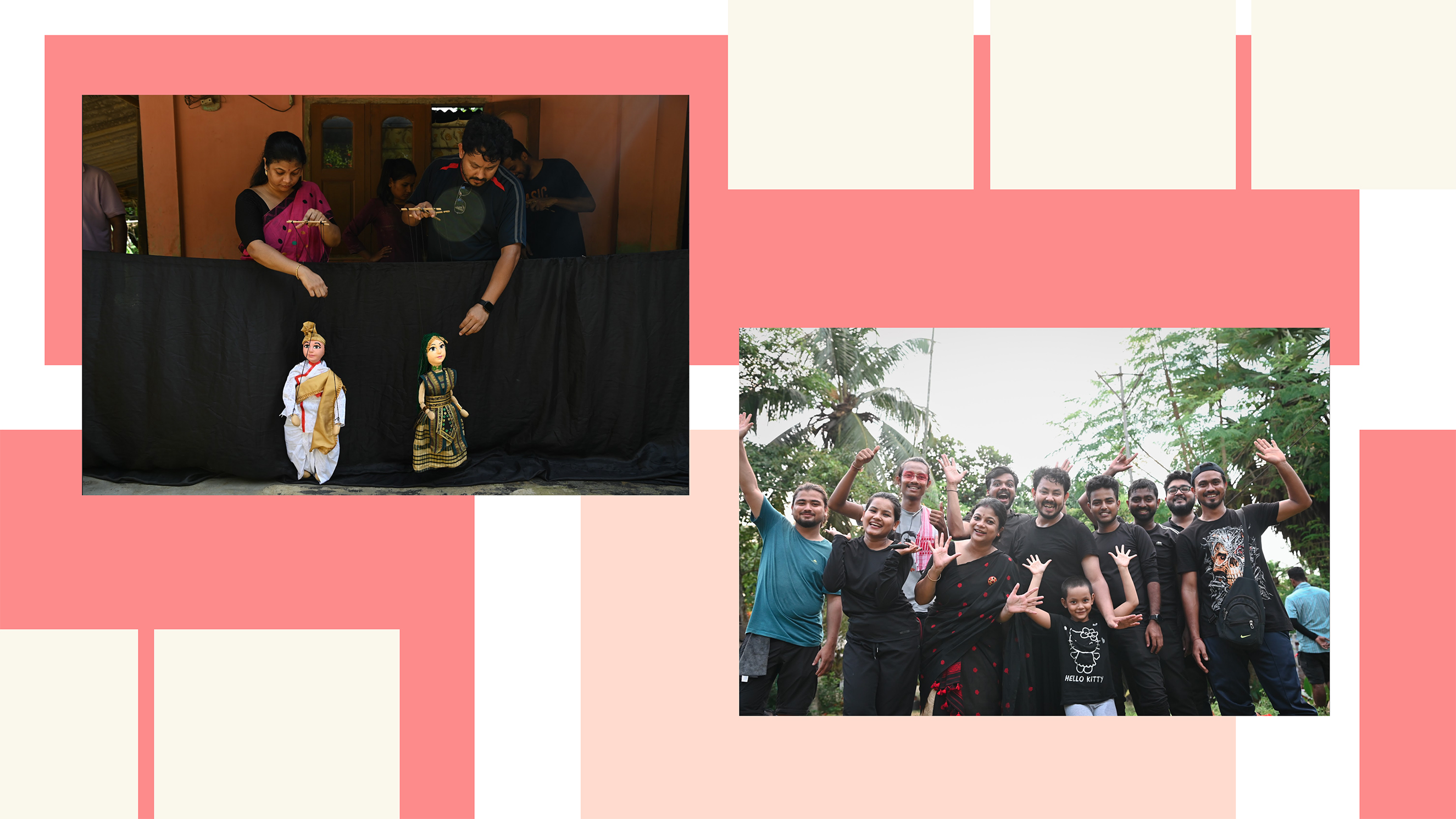 A collage of Drishana Kalita and her team at Puppet People over an abstract background with red, sand grain, and pink squares. In one of the images, she and a man are maneuvering puppets. In the second image, she poses with her team.