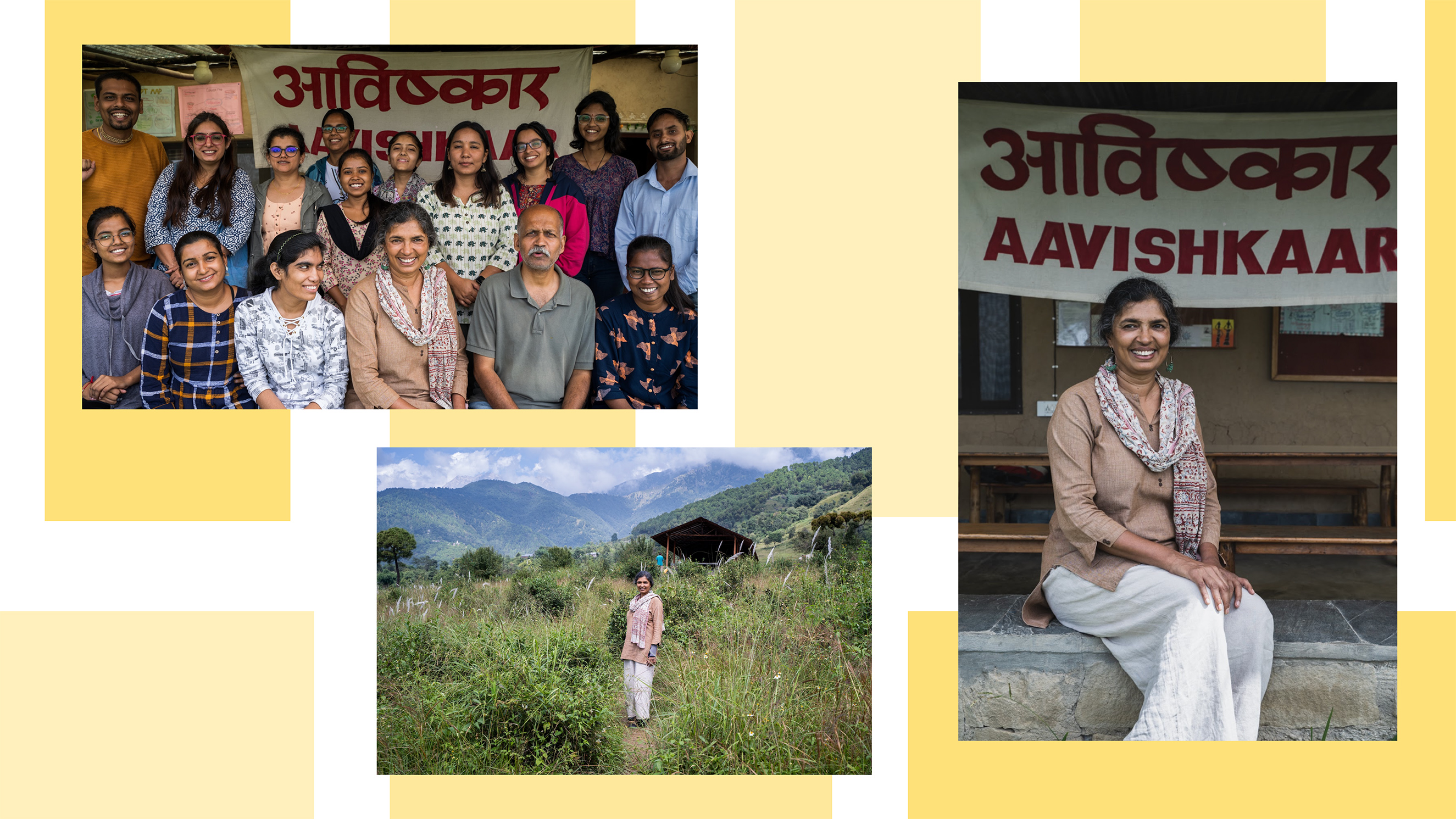 A collage of Sandhya Gupta and her team at Aavishkaar, a STEM education and mentorship organization she founded, over an abstract background with yellow squares. In one of the photos, she poses while sitting before a banner that reads “Aavishkaar.” In another, she poses with her team, and in the third, she stands alone amid patches of farmland.