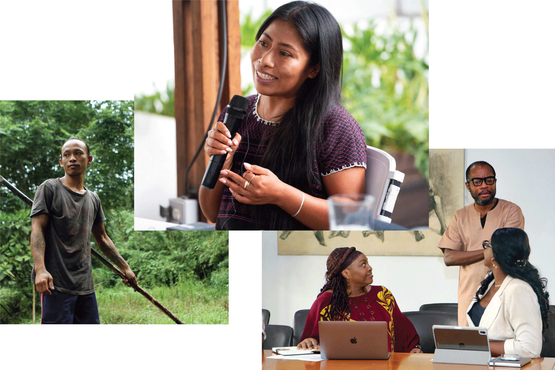 A 3 picture collage of an Indonesian man steering a canoe with a push pole, Yalitza Aparicio speaking into a microphone at a conference table, and a group of Nigerian colleagues discussing something at a conference table.