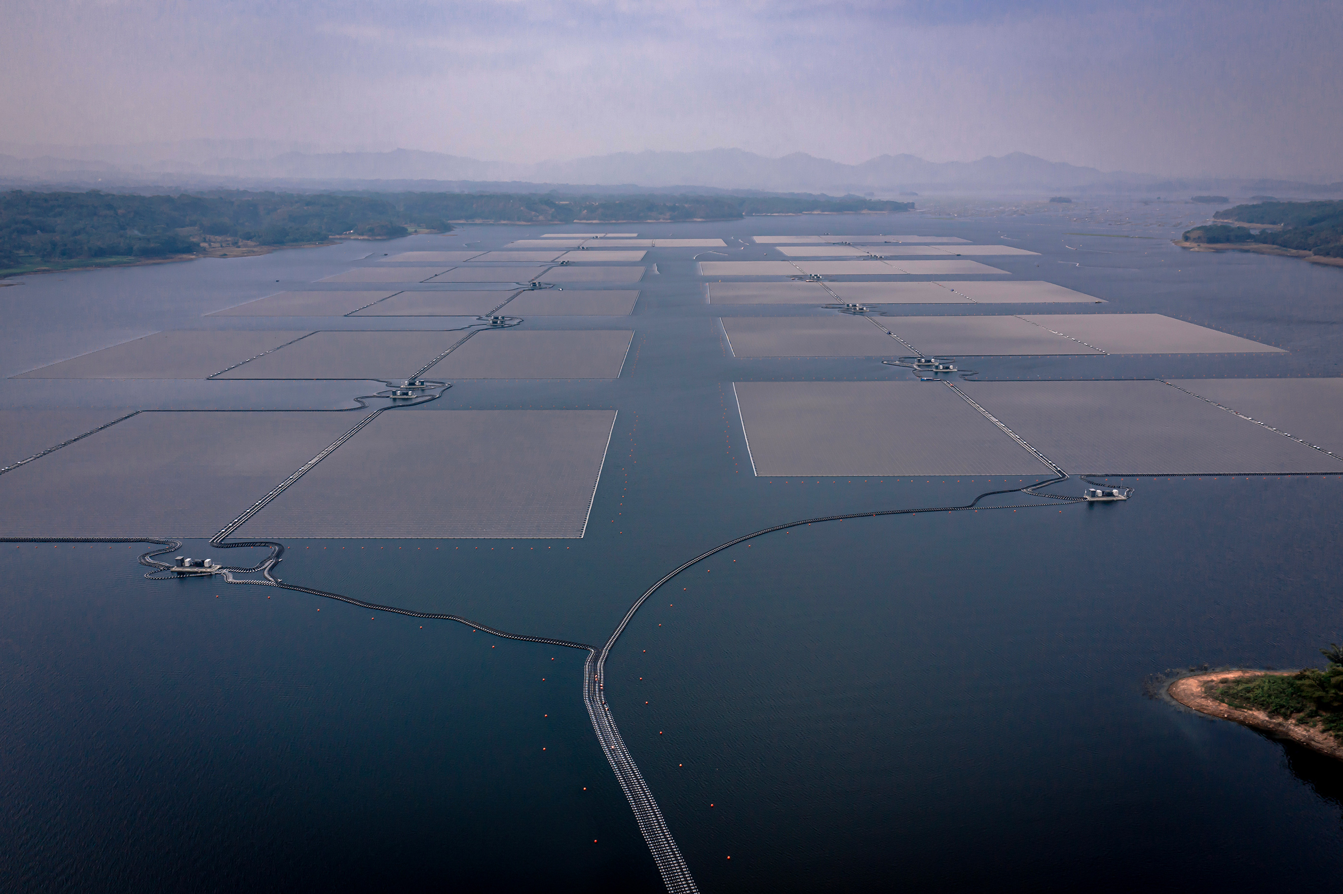 The Cirata Floating Solar Power Plant (PLTS). Floating extensive solar panels.