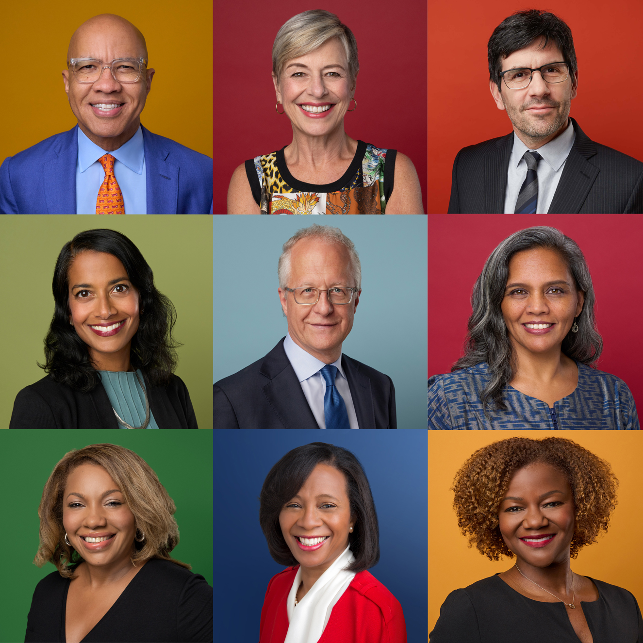 A 3x3 grid of professionally dressed individuals against various vibrant backgrounds. Top row: man in blue suit, woman in colorful dress, man in glasses. Middle row: woman in black, man in light blue suit, woman in grey. Bottom row: woman in black, woman in red, woman in black.