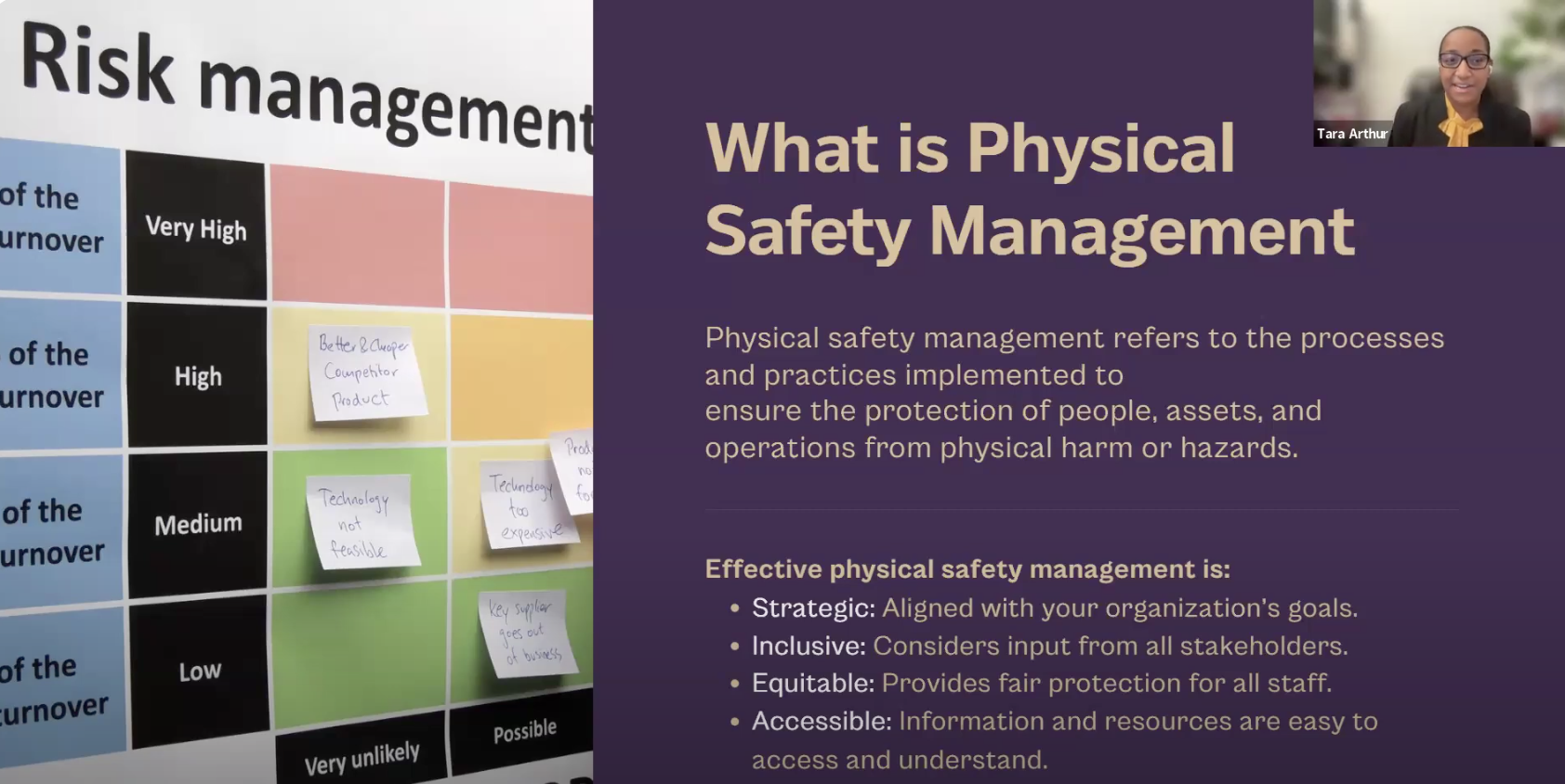 Text on risk management and physical safety management. Notes on a board show a risk matrix with categories like "Likely" and "Unlikely." Descriptive text highlights strategic, inclusive, equitable, and accessible management aspects.