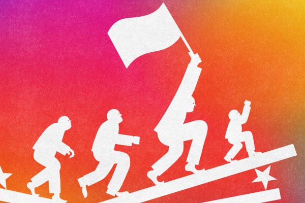 A silhouette of four figures progressing from left to right on a gradient orange to purple background. Each figure increases in size, with the largest holding a flag, symbolizing evolution or progress.