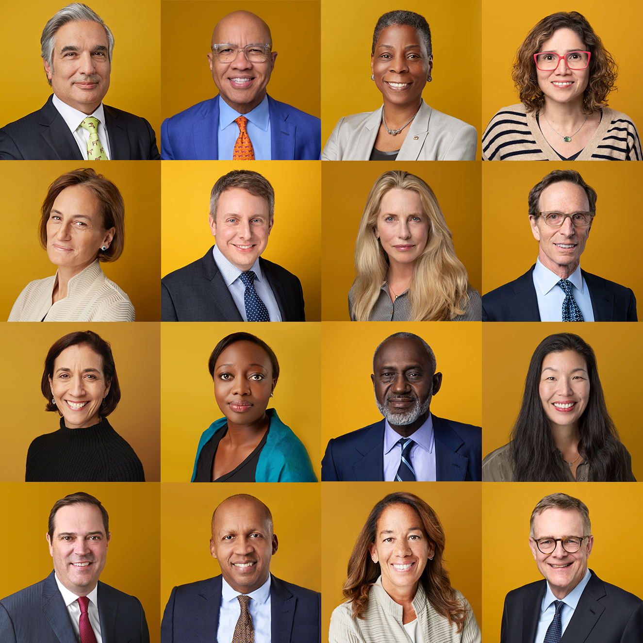 A collage of 16 professionals, consisting of 8 men and 8 women, arranged in a 4x4 grid. They are all dressed in business attire and pose in front of a solid yellow background. The individuals have diverse appearances and expressions.