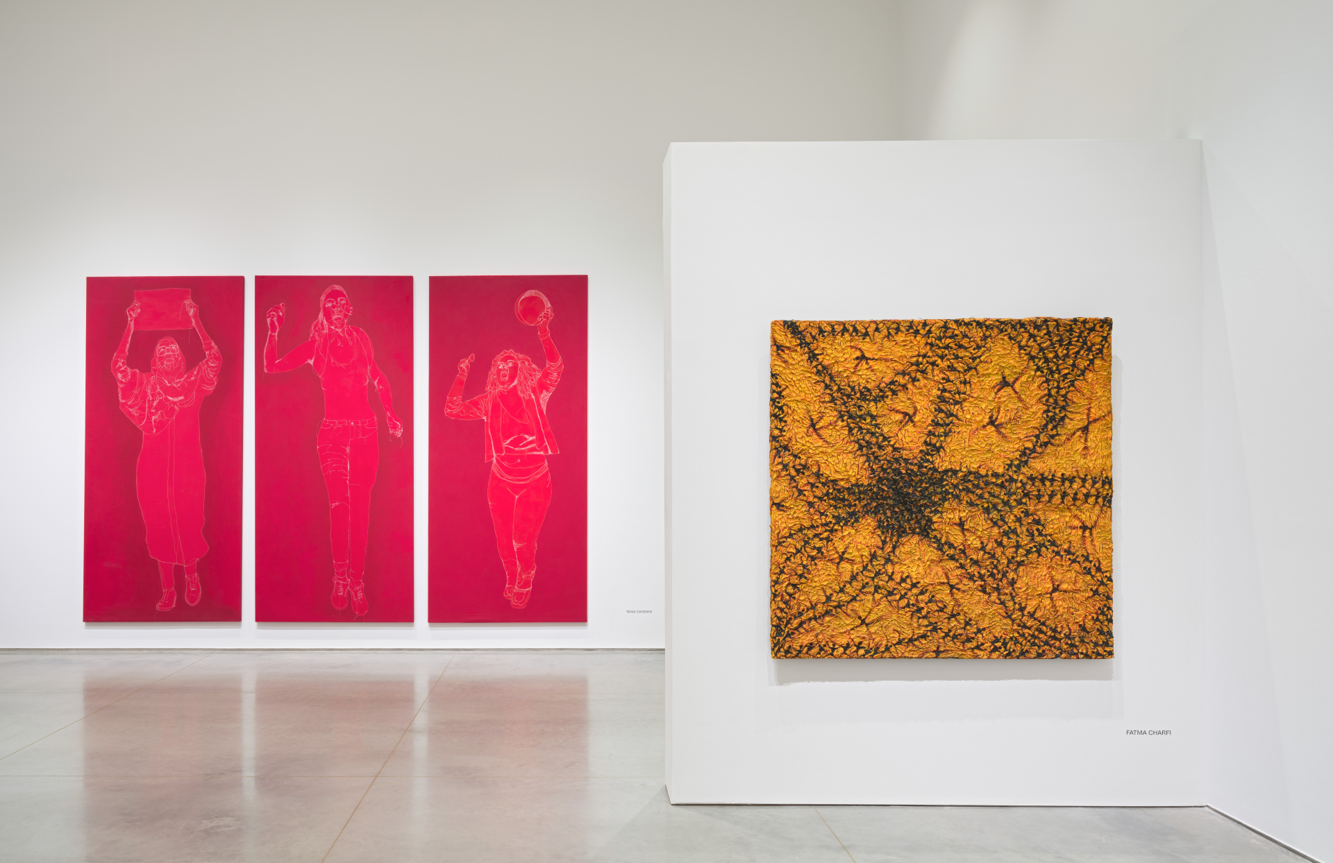 On the back left gallery wall are three red tapestries featuring silhouettes of women protesters. And on the right front wall is an abstract textured painting with black paper on an orange surface.