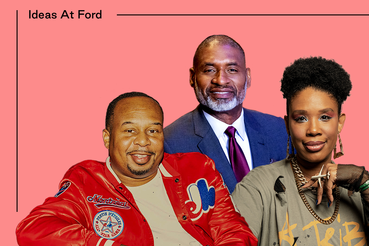 Three people pose against a salmon background with the text "Ideas at Ford." The first person on the left, Roy Wood Jr., is wearing a red jacket. The second person, Charles Blow, in the middle, is dressed in a suit, and the third person, Joyelle Nicole Johnson, on the right, is wearing a patterned top.