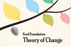 A black branch with colorful leaves (yellow, blue, green, and red) and one gray leaf. The text below reads Ford Foundation Theory of Change. The background is a light cream color.