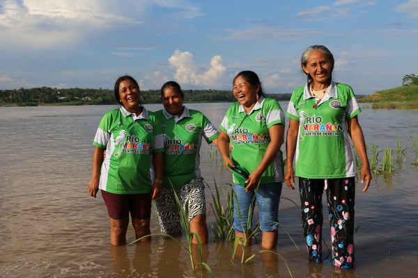 Four women standing in a lake wearing green and white sports jerseys.