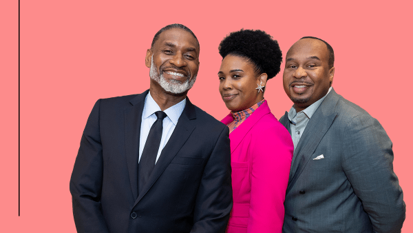 Three people pose against a salmon background with the text "Ideas at Ford." The first person on the left, Charles Blow, is dressed in a dark suit. The second person, Joyelle Nicole Johnson, in the middle, is wearing a pink blazer, and the third person, Roy Wood Jr., on the right, is wearing a gray suit.