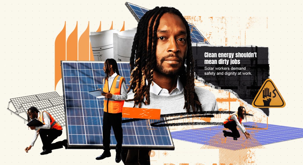 DaShawn Beaulieu a solar panel worker seen pictured in various poses in color. These images are amongst solar panels and orange and sand grain textures.