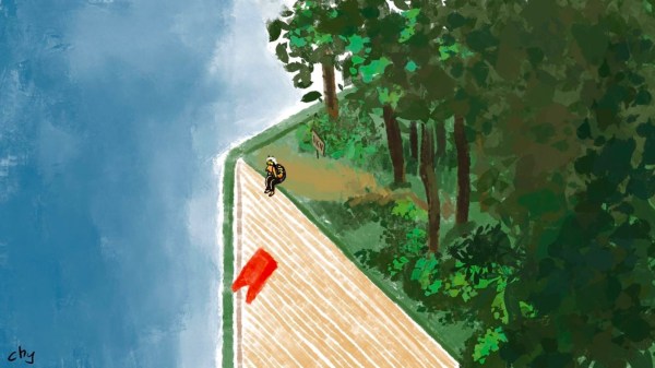 Illustration of a person sitting on the edge of a cliff with a backpack, overlooking water. The cliff juts out from a forest, with trees lining the top. A red mark is painted on the path they are seated on.