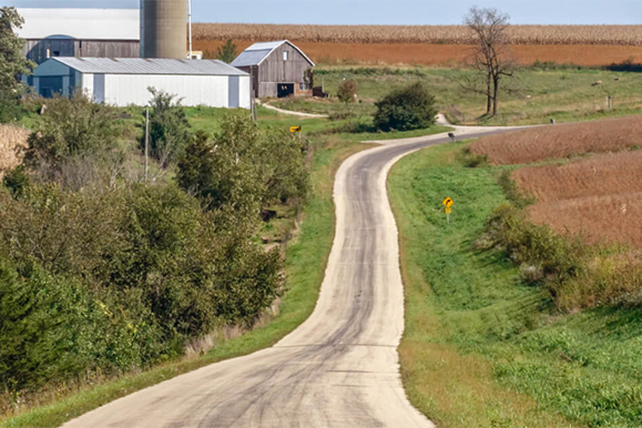 Winding rural road with grassy fields on either side, leading towards farm buildings and a silo in the distance under a clear blue sky.